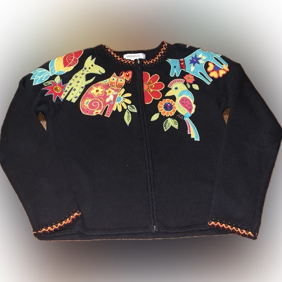 Arriviste Vintage Beaded Embroidered Cat Dog Animals Birds Sweater Small Zip Up - Picture 3 of 17